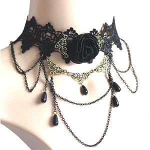 Black Goth Vamp Renaissance Rose Lace Beaded Masquerade Steampunk Choker